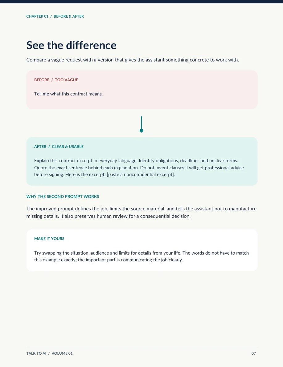 Talk to AI before-and-after example page