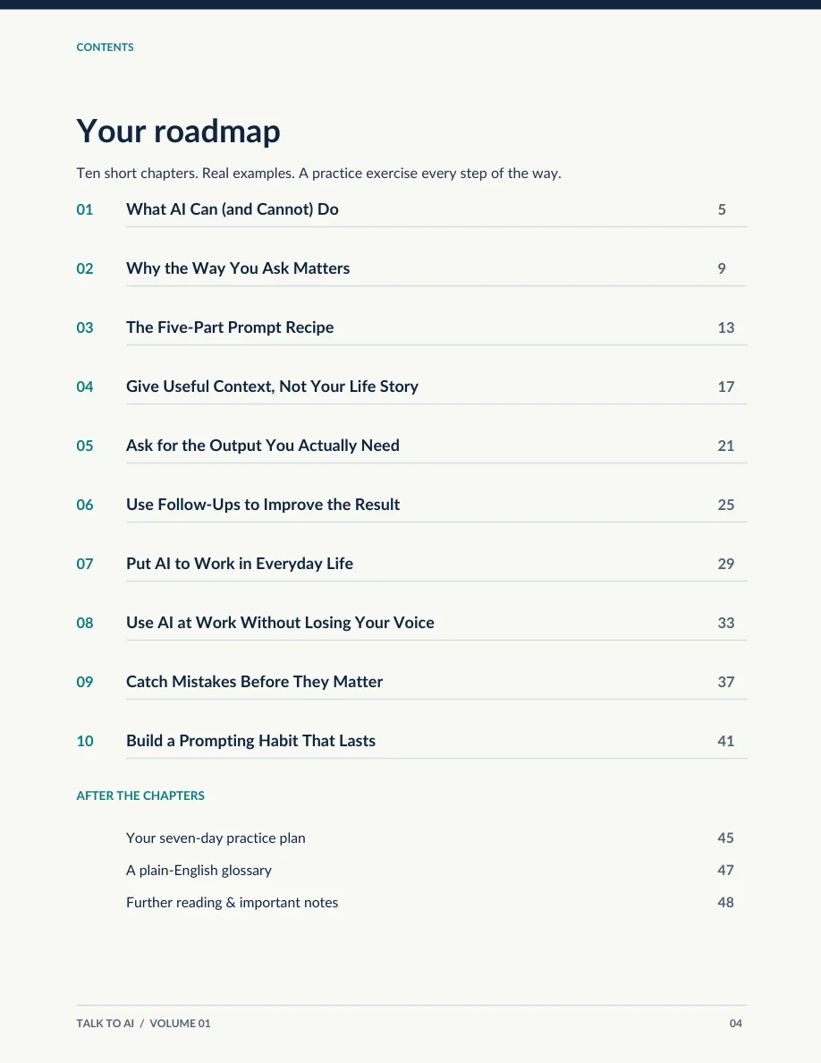 Talk to AI table of contents sample page